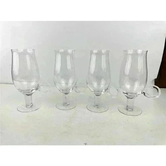 VTG Set of 4 Hand Blown Goblet Style Pedestal Cups Handle Clear Glass 7.5" Tall - Picture 10 of 14